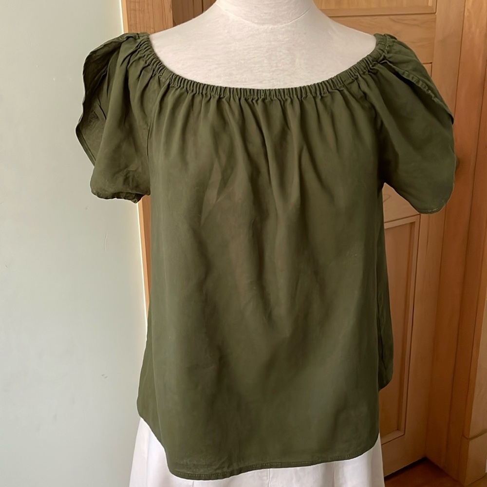 JOE FRESH Linen Short Sleeve Boho Peasant Army Green Top, Size S